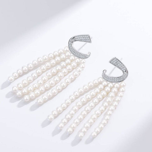 Curved Cubic Zirconia & Multi-Chain Pearl Earrings - House Of Pearls
